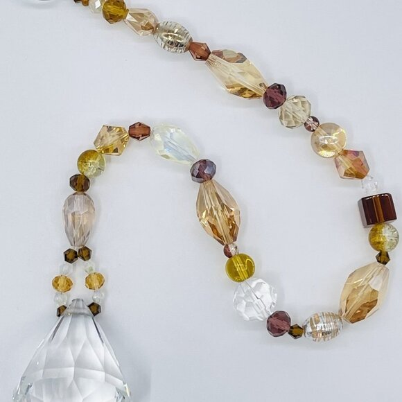 Beaded Suncatcher - Brown Gold - Clear Triangular Prism - Hanging Decor - Picture 4 of 13
